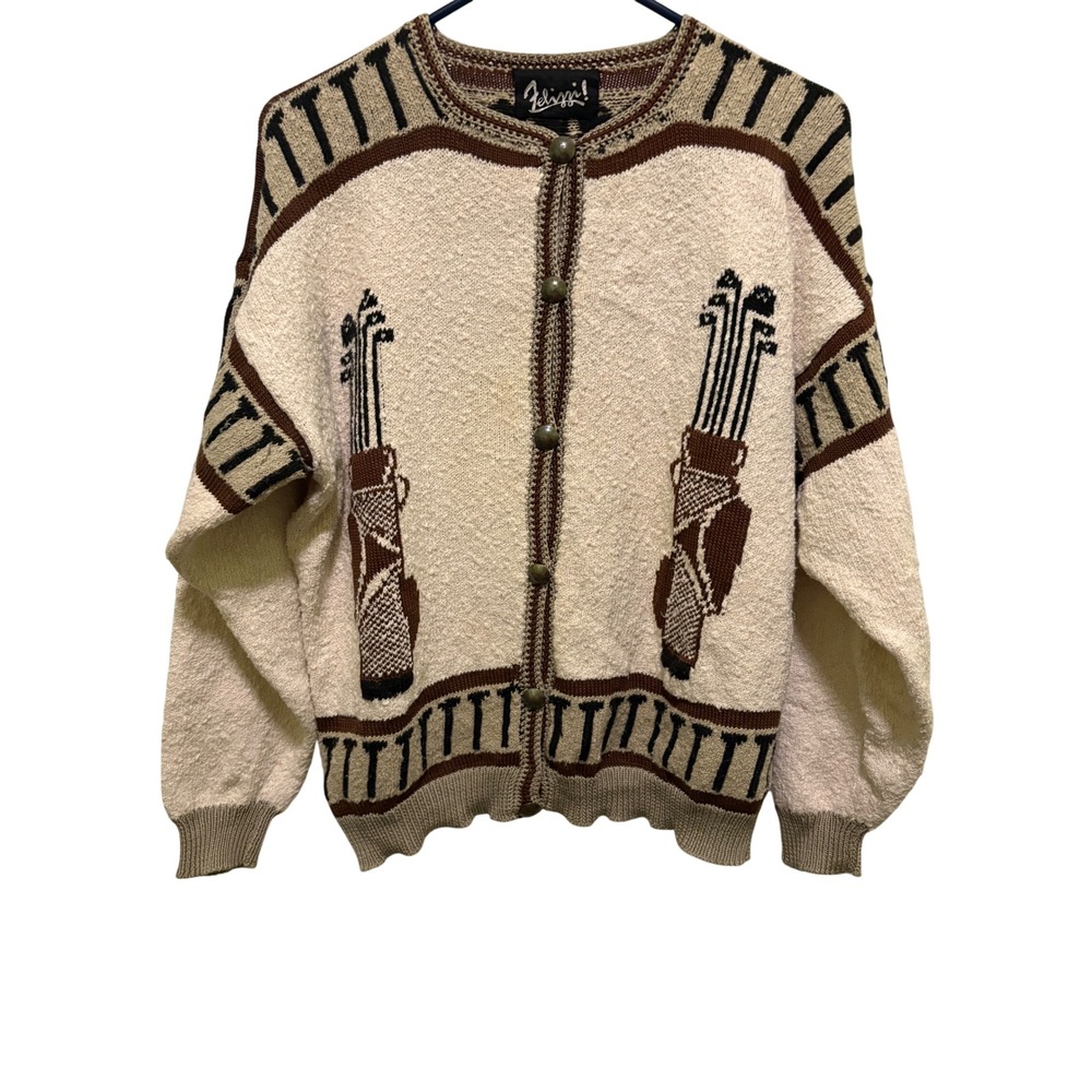 Vintage Felizzi Golf Bag Cardigan Sweater Large Hand Looned Cotton Made in USA